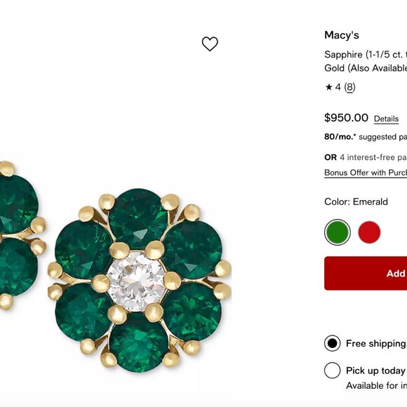 Emerald Flower Stud Earrings in 14k Gold + Emerald Gemstones Green  $950 - Picture 2 of 16